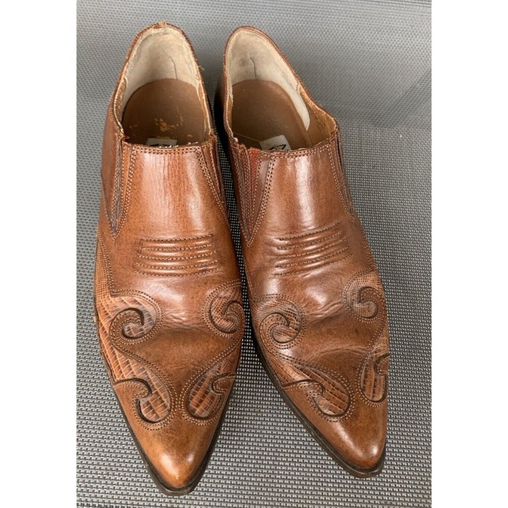 Nine West  Western Cowgrl CHESTNUT BROWN Mixed Leather Ankle Booties Pointed Toe - Picture 10 of 11